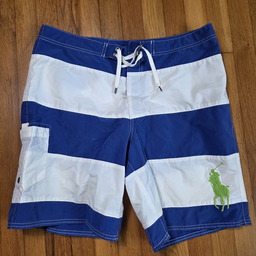 Polo by Ralph Lauren Blue and White Striped Swim Shorts Big Pony Size 34